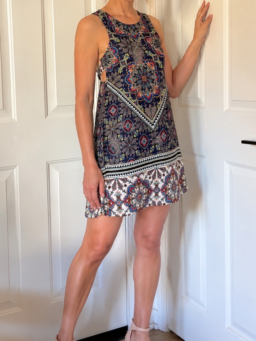 OOTD boho Navy mini dress Blue Floral-Print A-Line Skirt  Open Back Dress XS